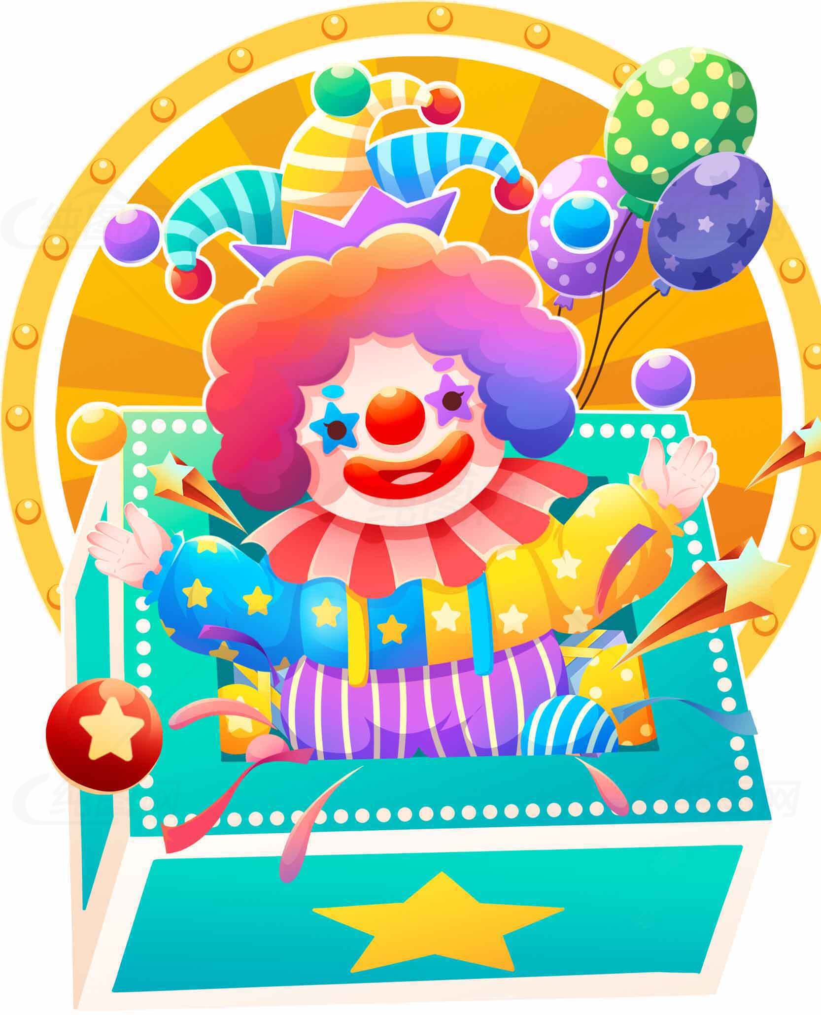 欢乐小丑玩具盒插画设计素材
