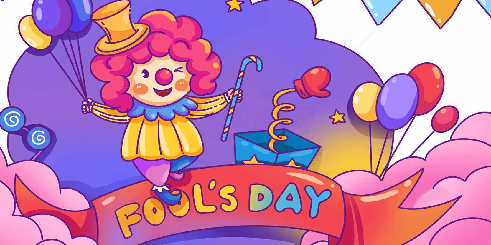 愚人节卡通插画设计：欢乐小丑与气球装饰素材