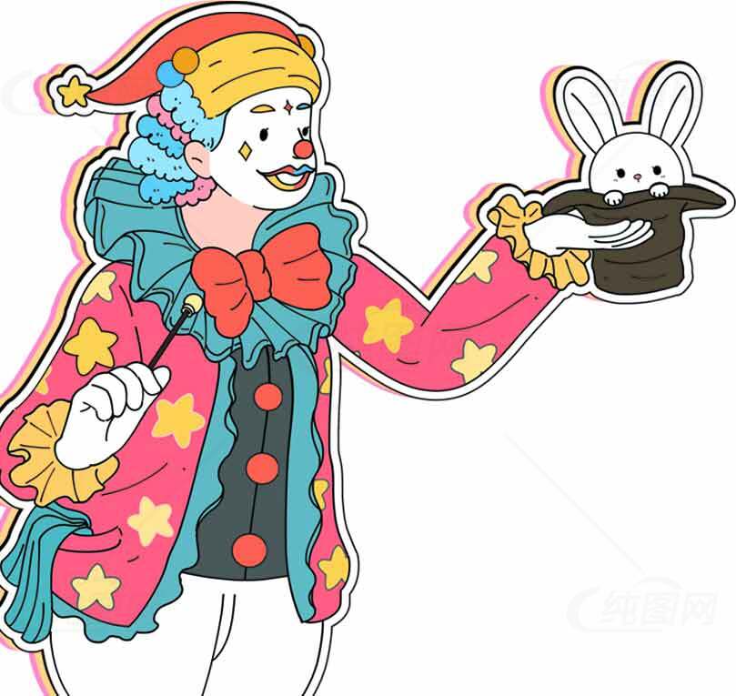 彩色小丑与魔术兔子插画素材