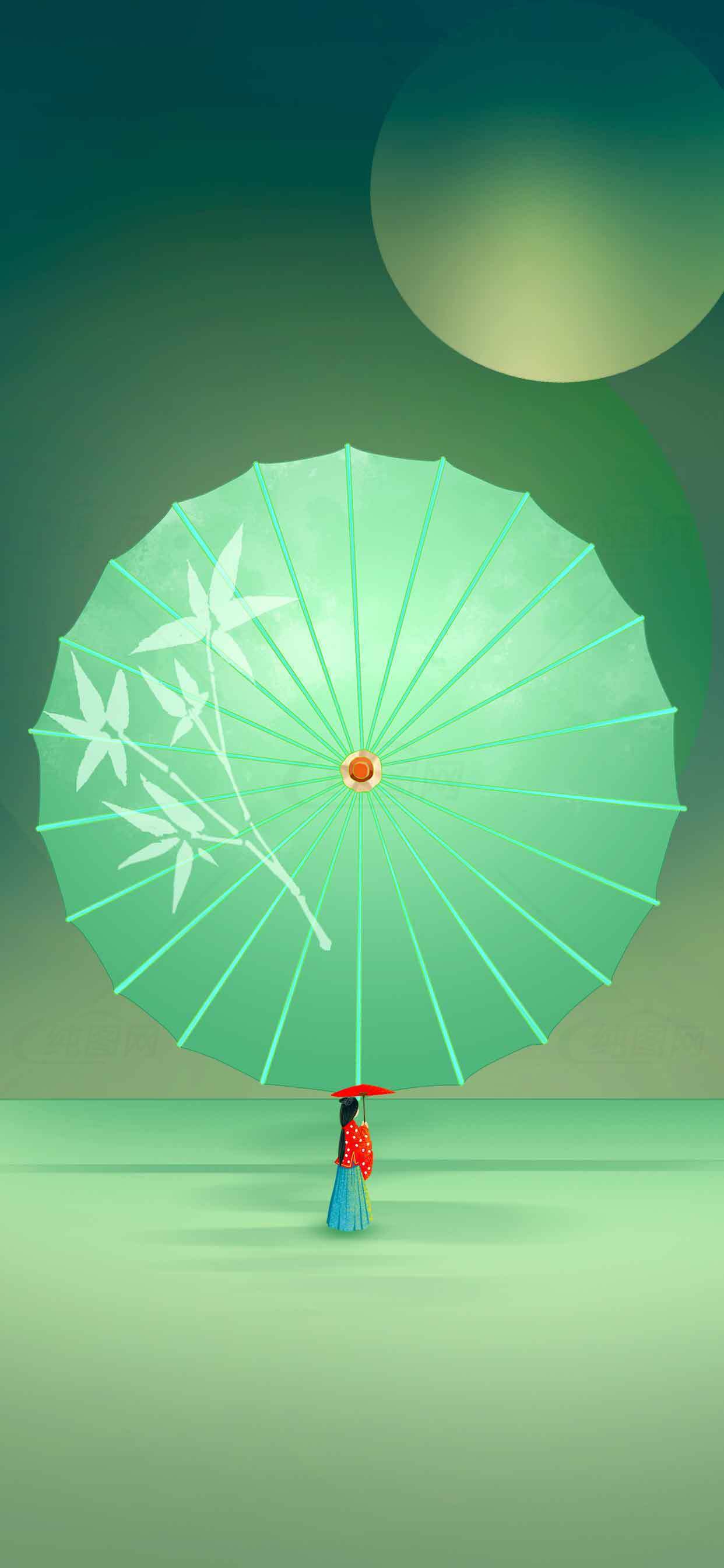 唯美中国风竹伞与月夜意境插画素材