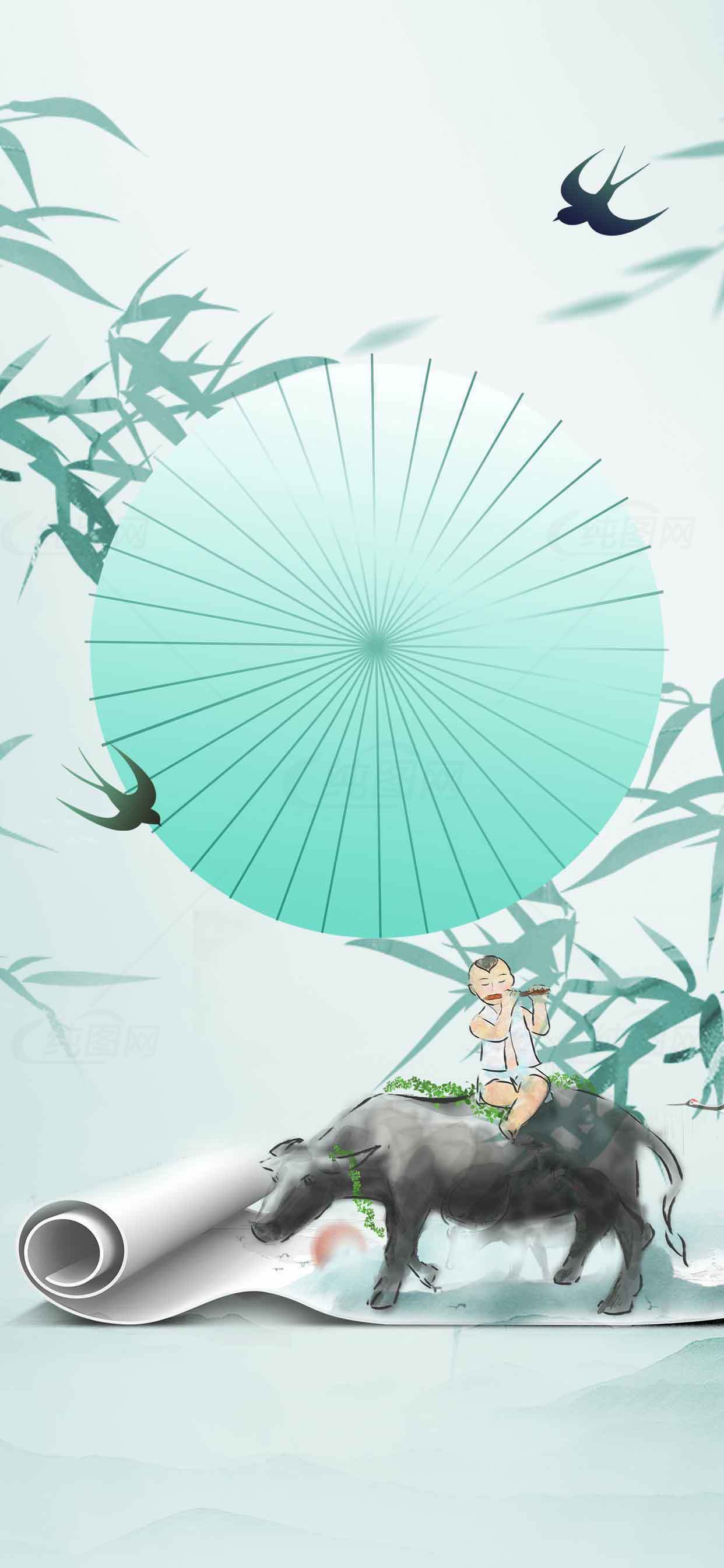 田园牧歌插画：少年与水牛的诗意场景素材