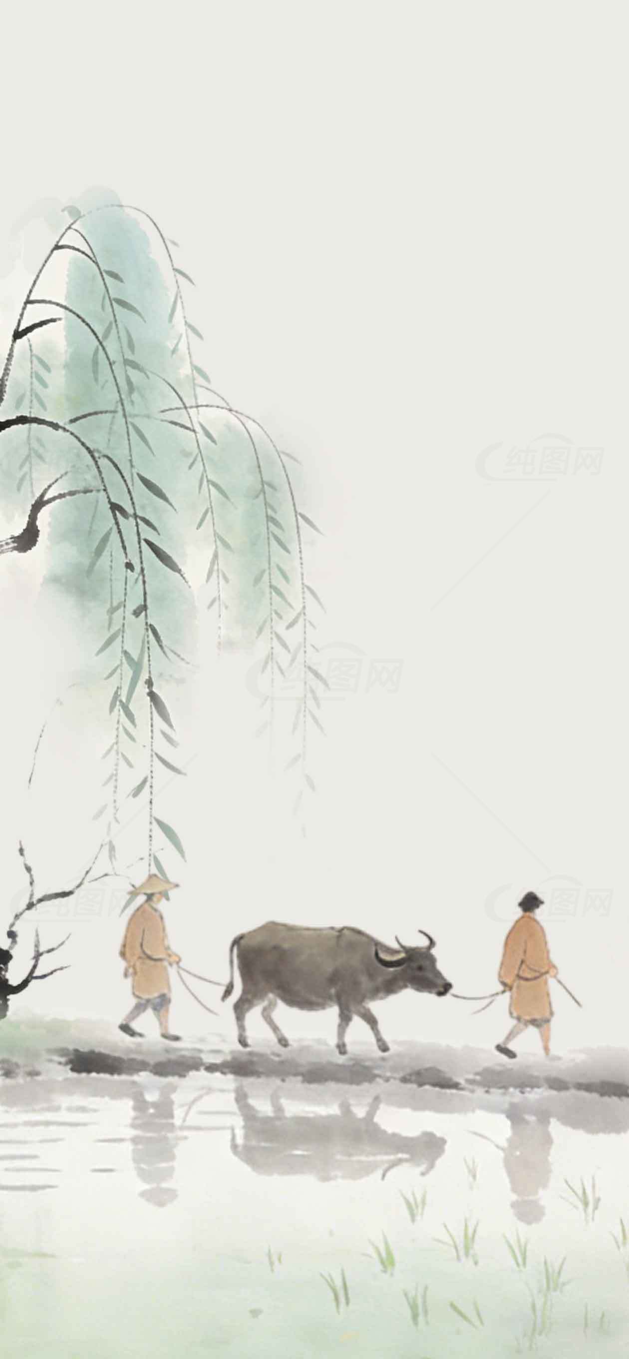 中国水墨画田园牧牛场景素材