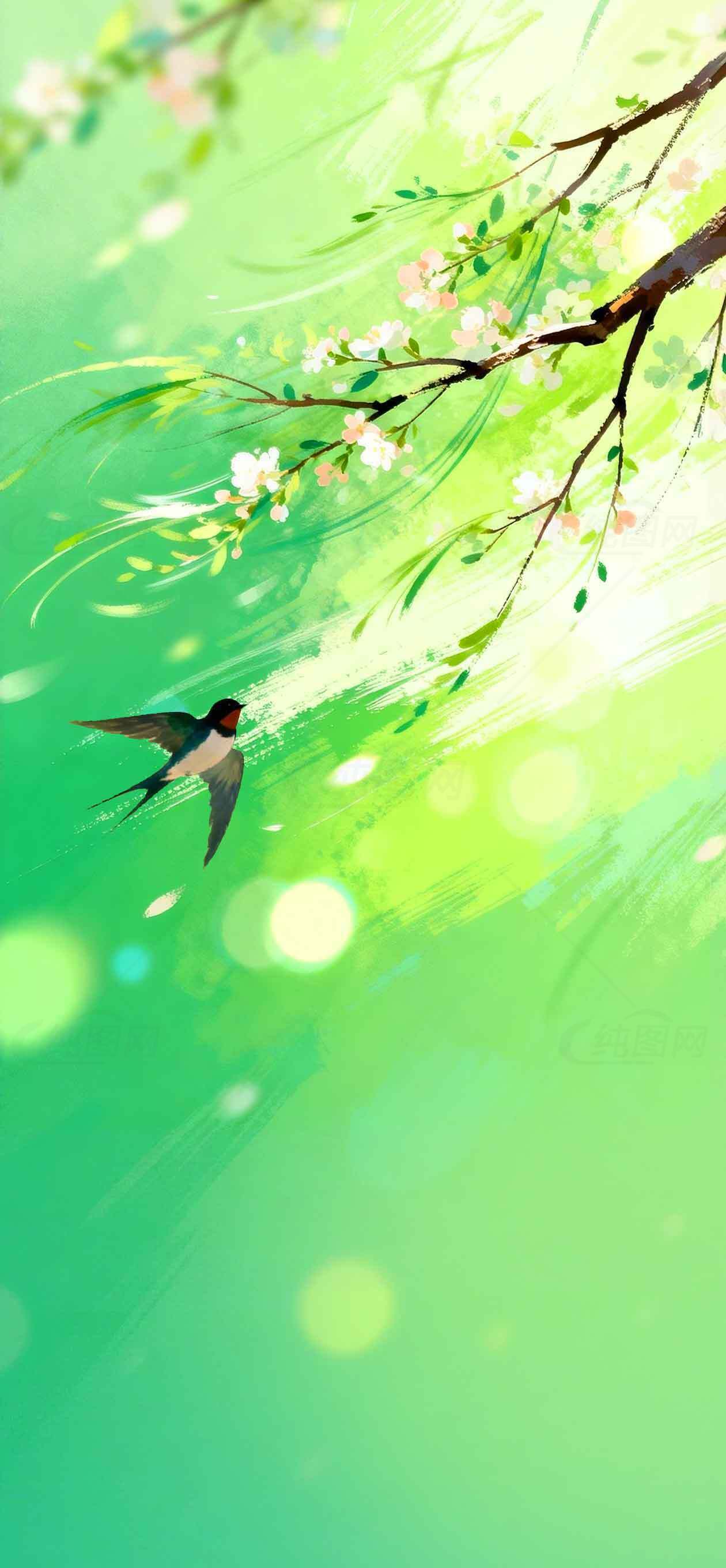 春天的绿色背景与飞燕插画素材