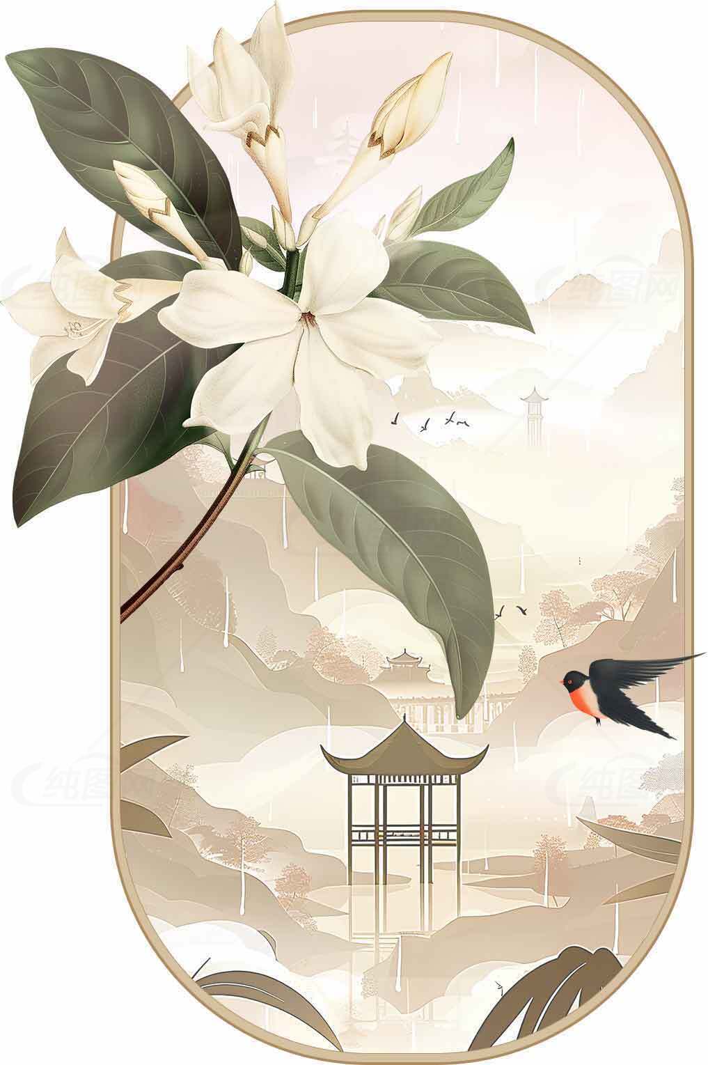 唯美中国风山水花鸟插画背景图片素材