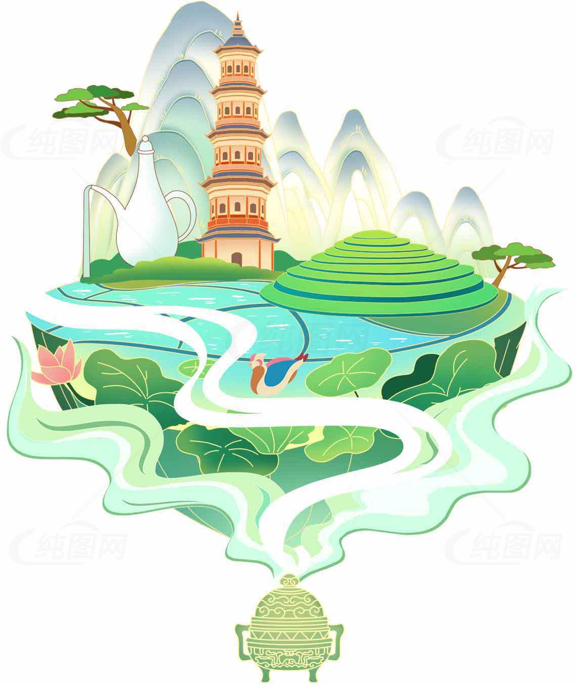 中国传统山水插画：禅意与自然之美素材