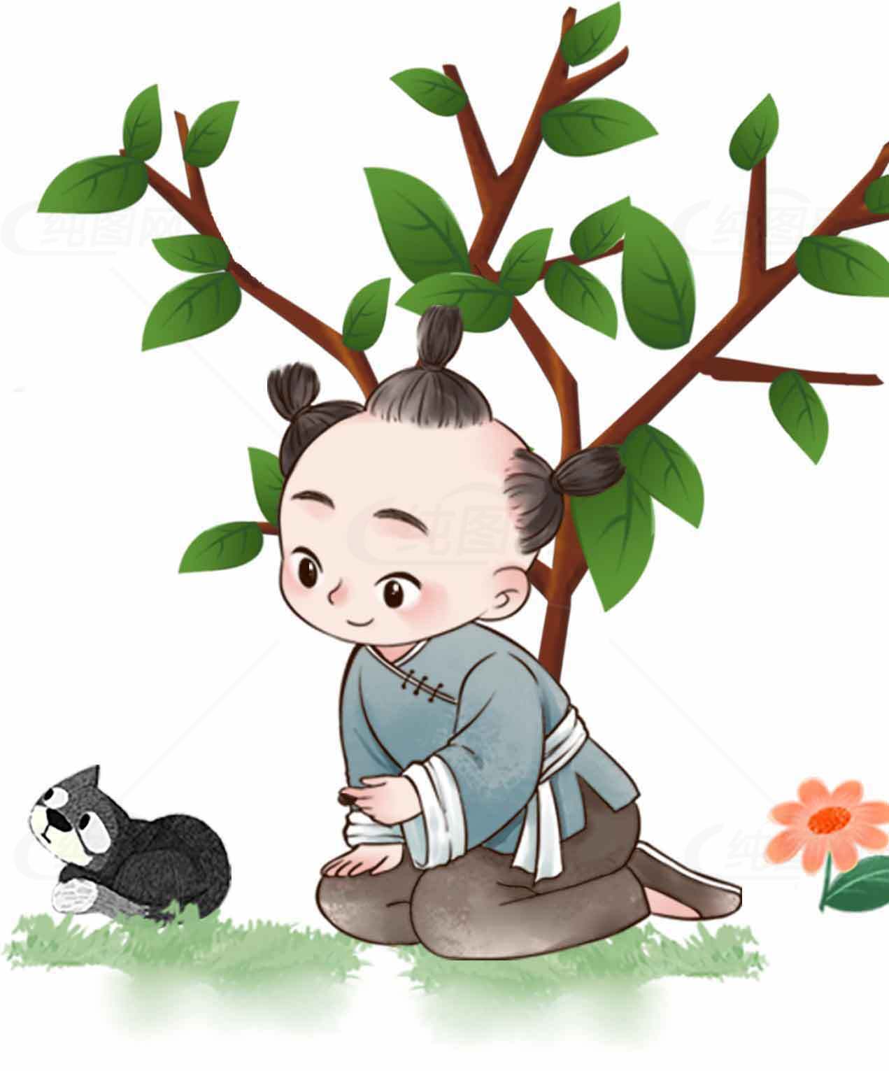 古风卡通人物与小动物互动插画素材