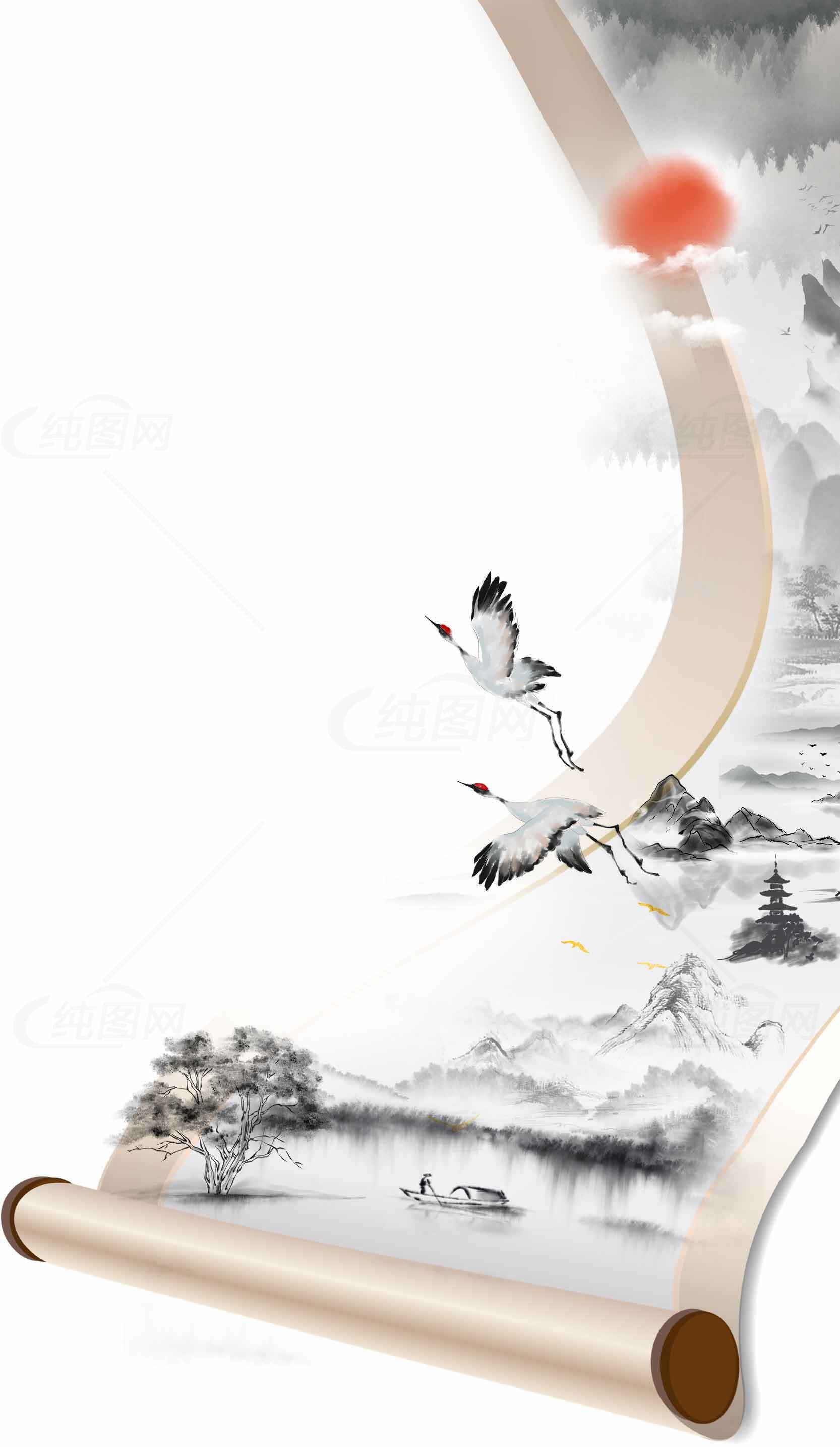 中国传统水墨画卷风景图片素材