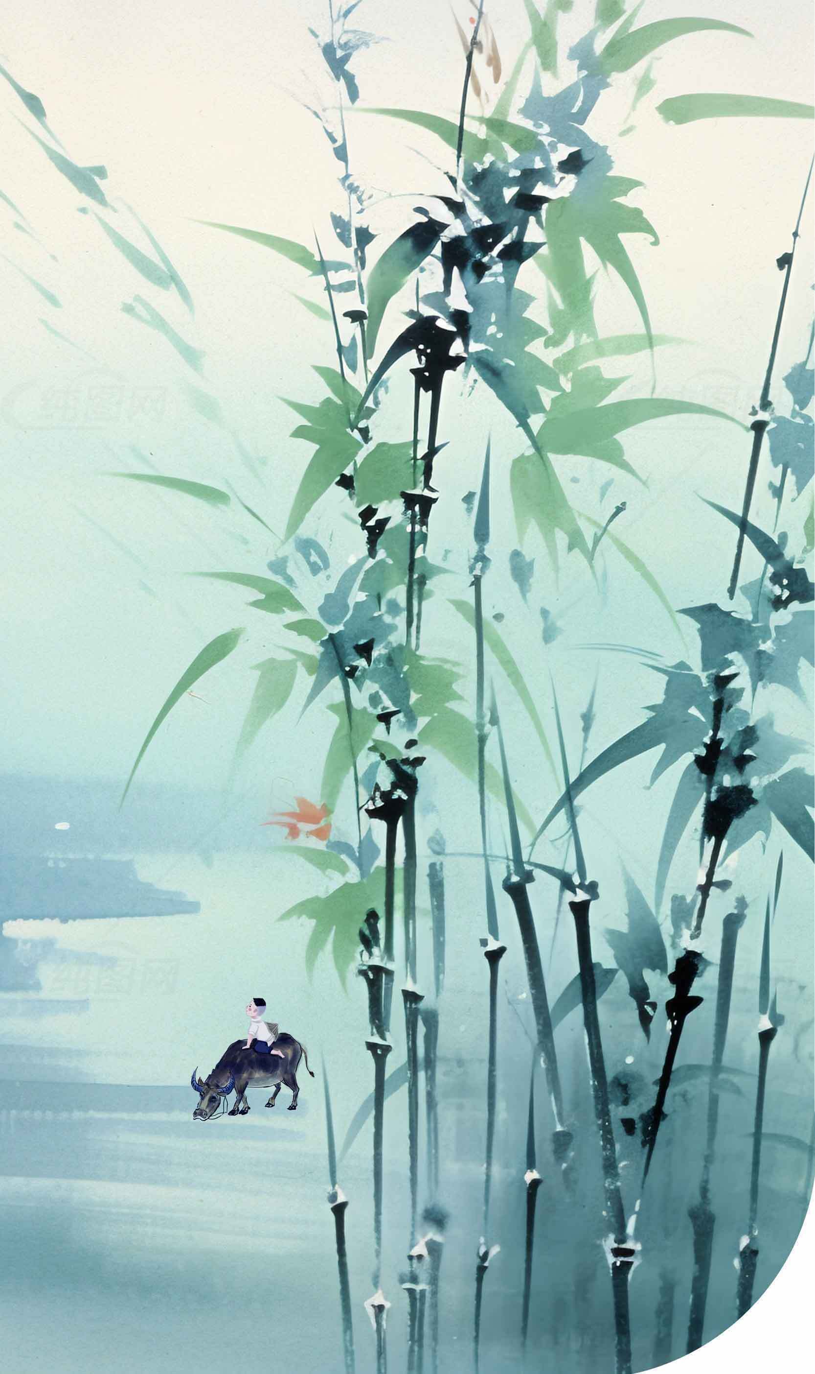 国风水墨竹林牧牛意境插画素材