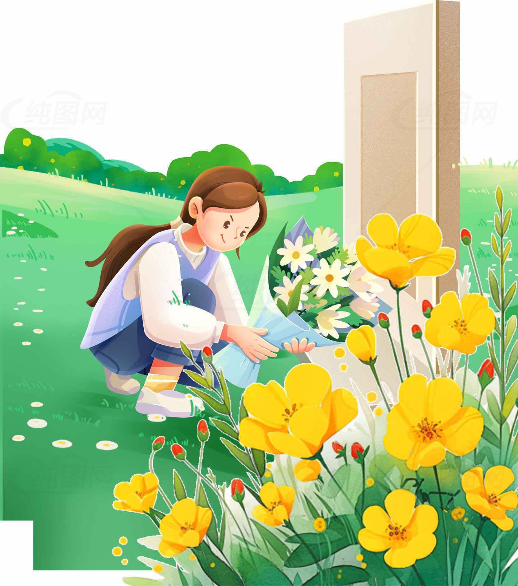 温馨墓地探访插画：女孩献花悼念亲人素材