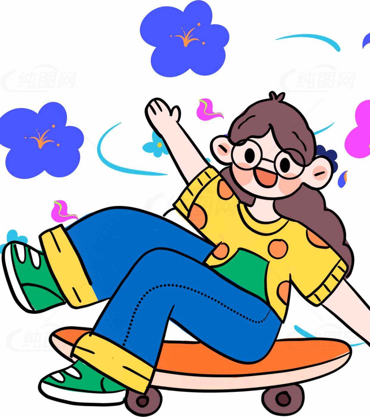 滑板女孩卡通插画：青春活力与趣味素材