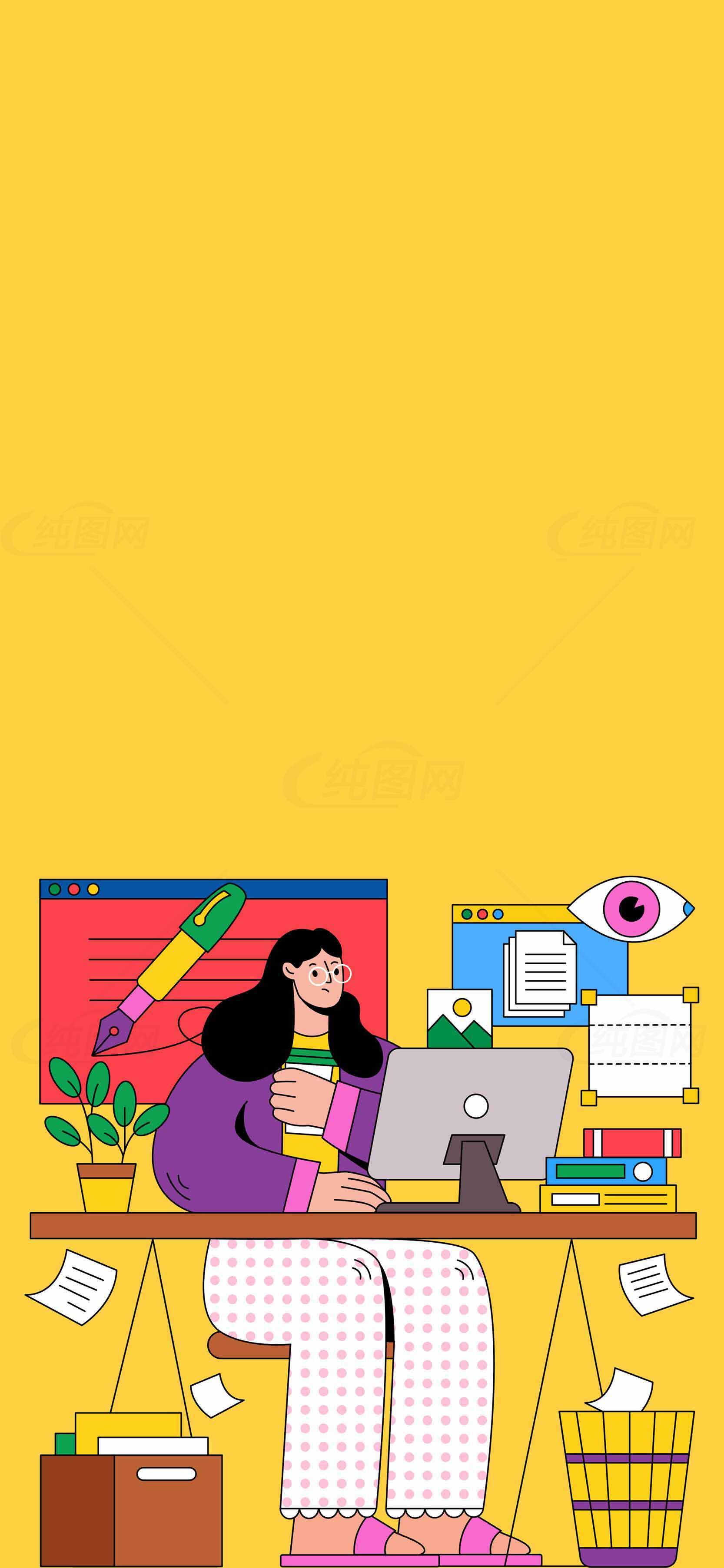 创意办公插画设计：多彩工作场景素材