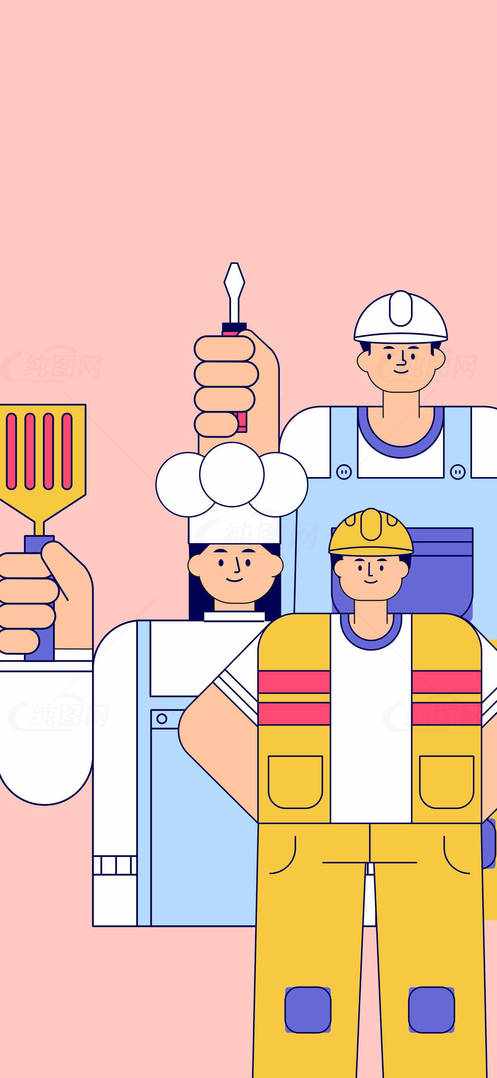 多职业卡通插画：厨师、工人和建筑工人形象素材