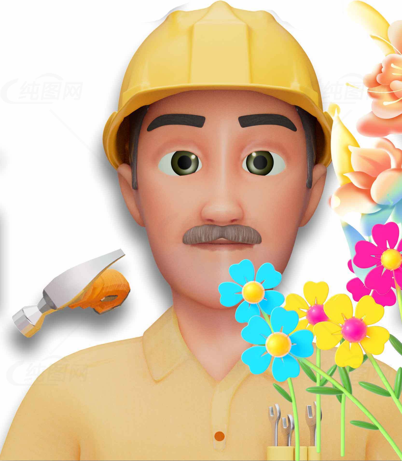 建筑工人与鲜花主题插画图片素材