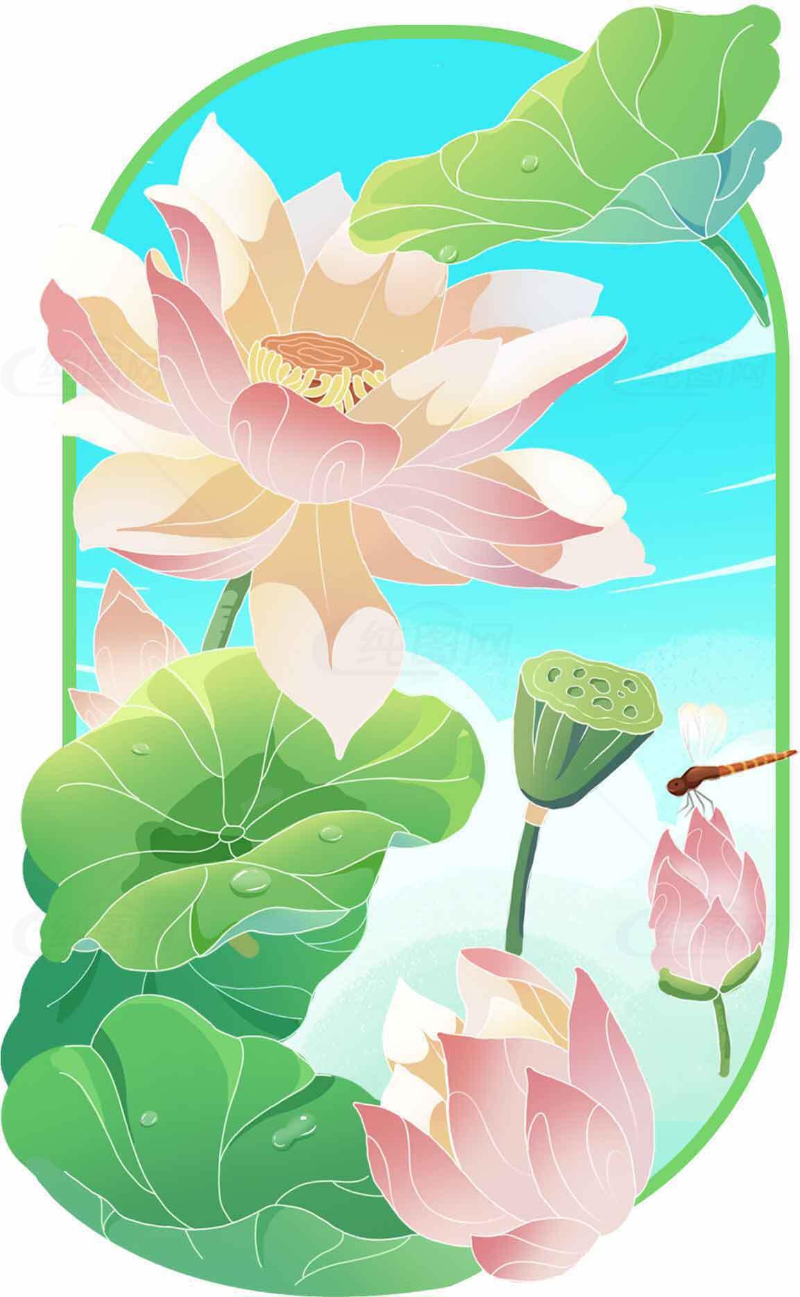 清新荷花插画设计：夏日自然之美素材