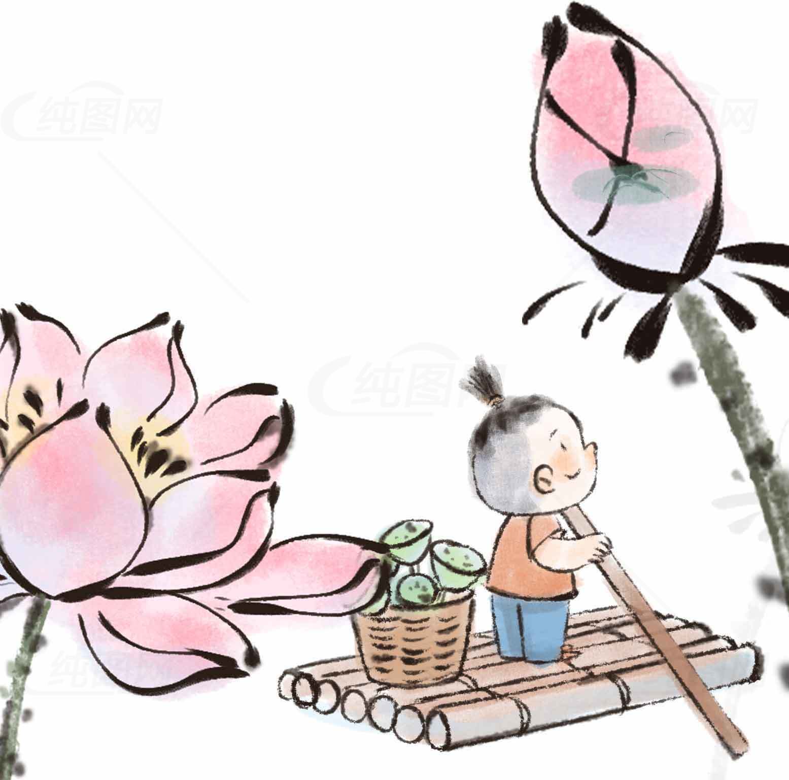 儿童水墨画：荷花与竹筏的诗意场景素材