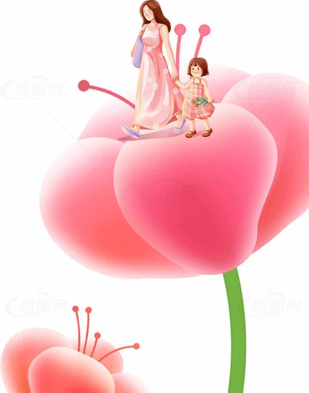 母女花朵插画唯美设计素材