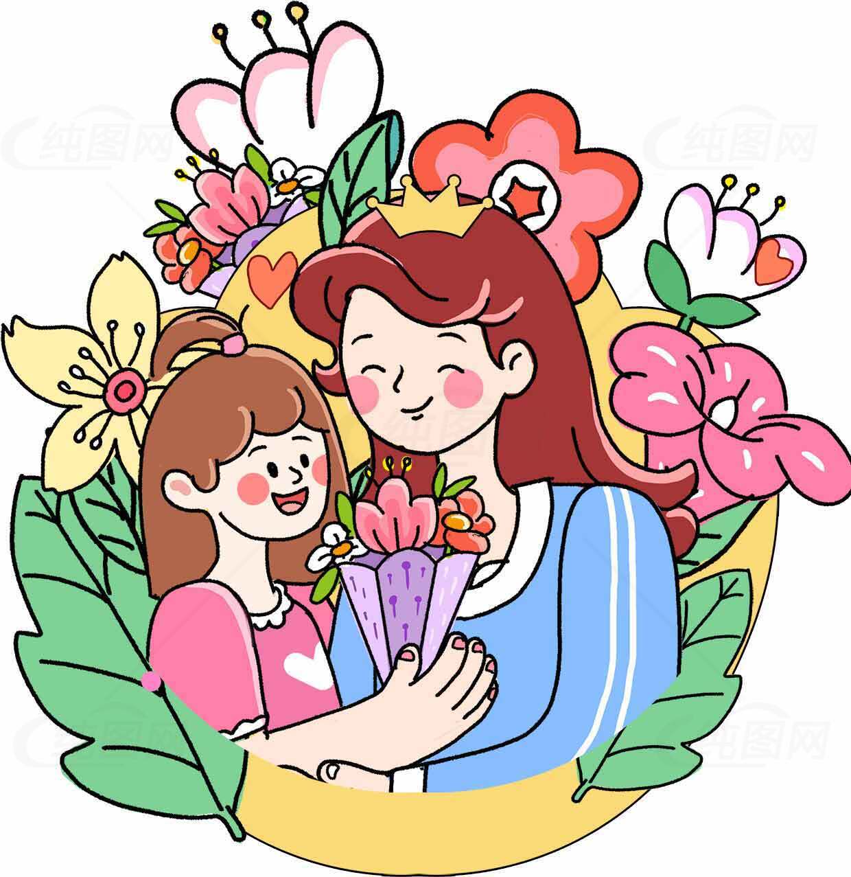 母亲节温馨插画设计：母女与花束的幸福时光素材