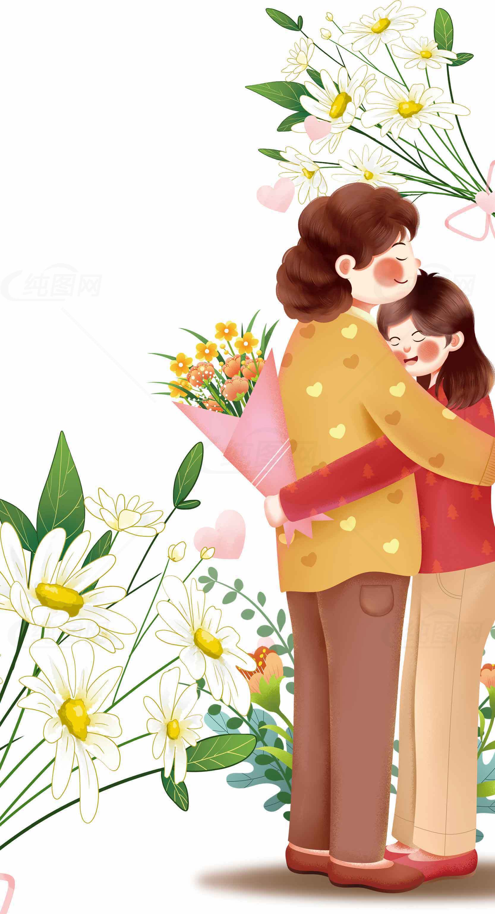 母亲节温馨插画：拥抱与鲜花的感动素材
