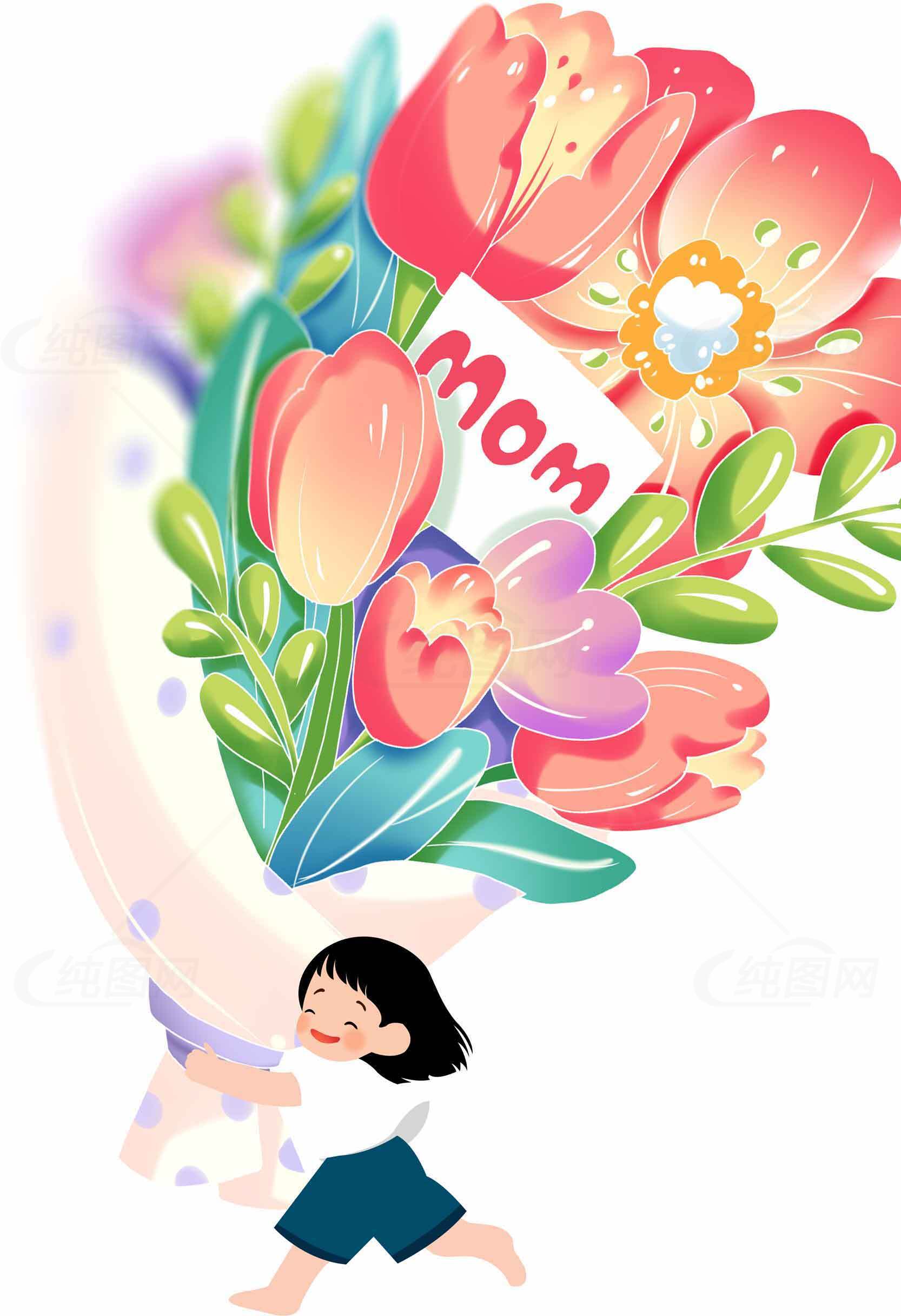 母亲节卡通插画：孩子送花给妈妈的温馨场景素材
