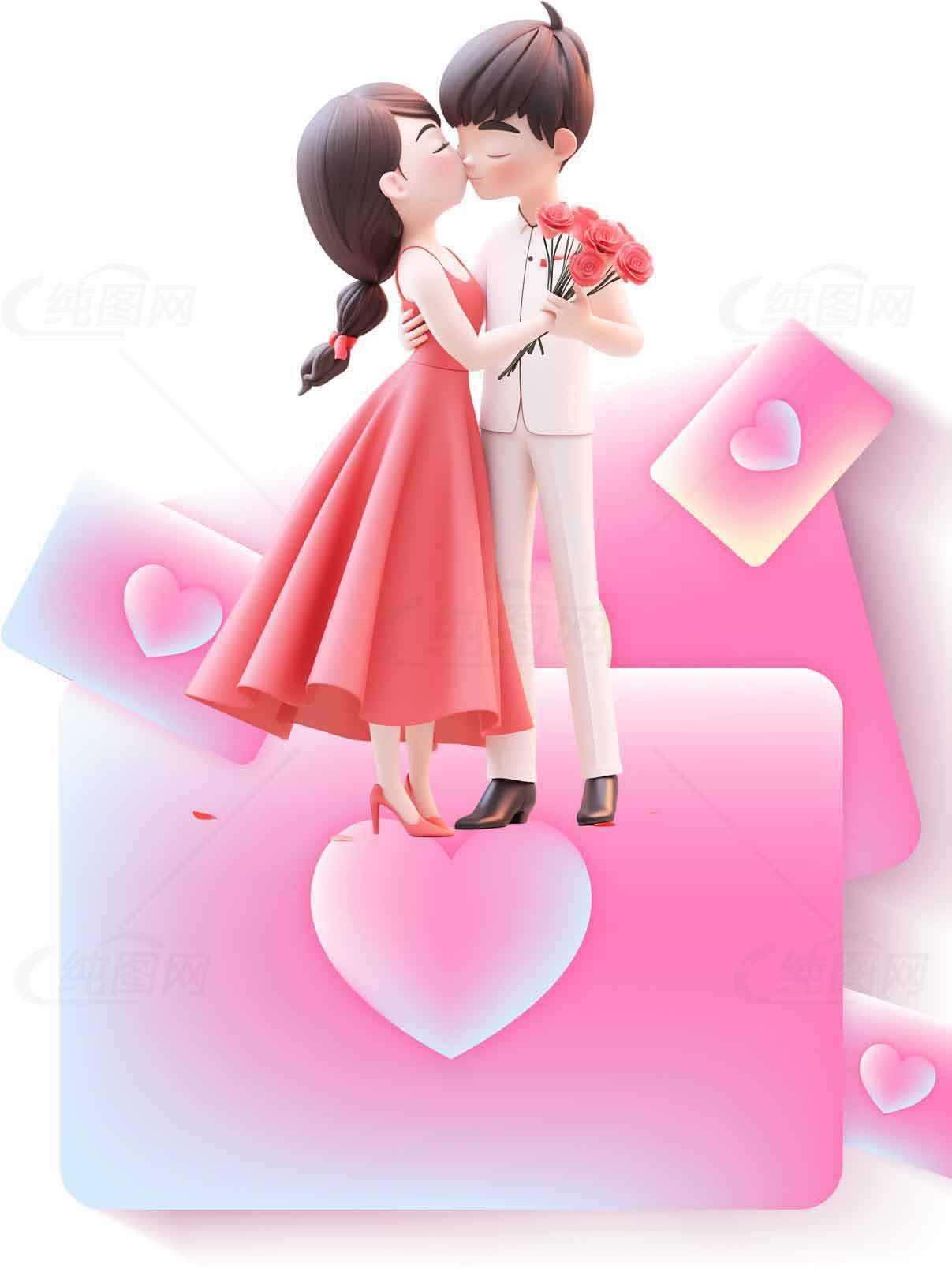 浪漫卡通情侣插画设计：粉色爱情主题素材