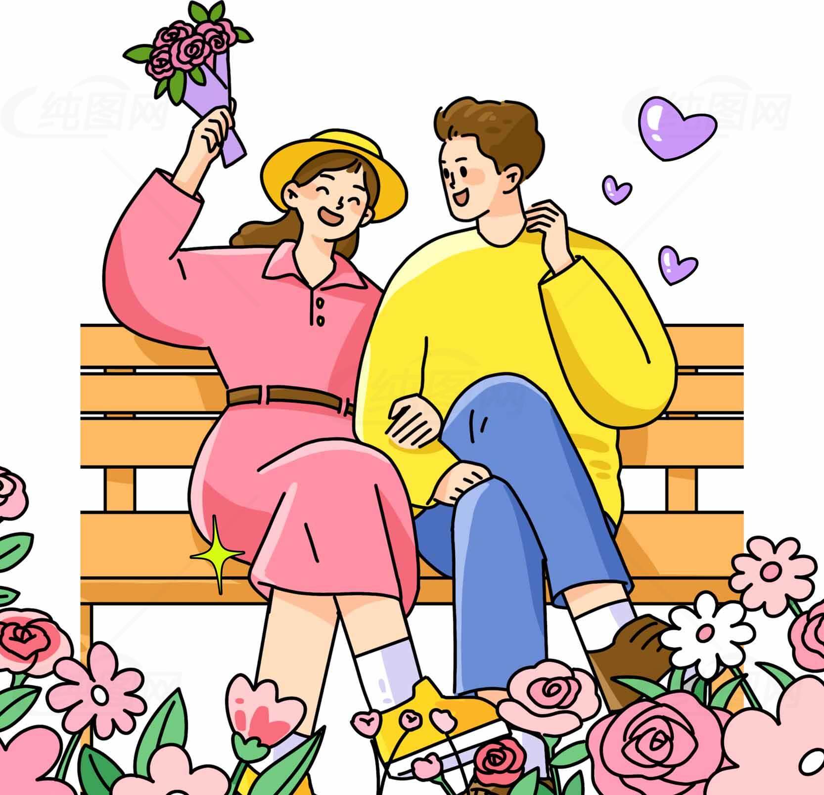 浪漫情侣插画：甜蜜约会与花卉装饰素材