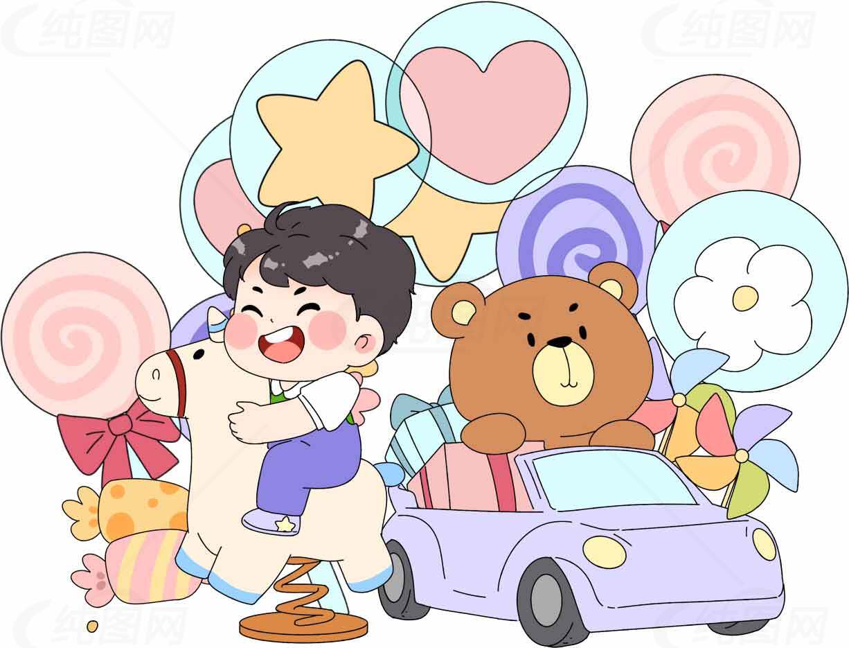 卡通儿童玩具与彩色气球插画素材