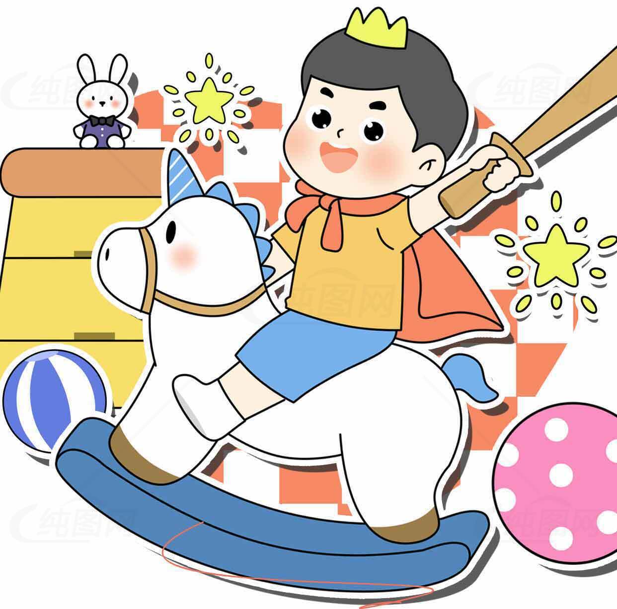 儿童骑木马玩具插画图片素材