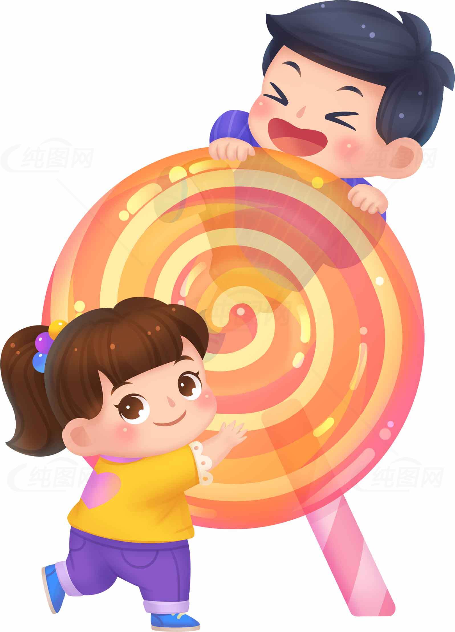 可爱儿童与彩色棒棒糖插画素材