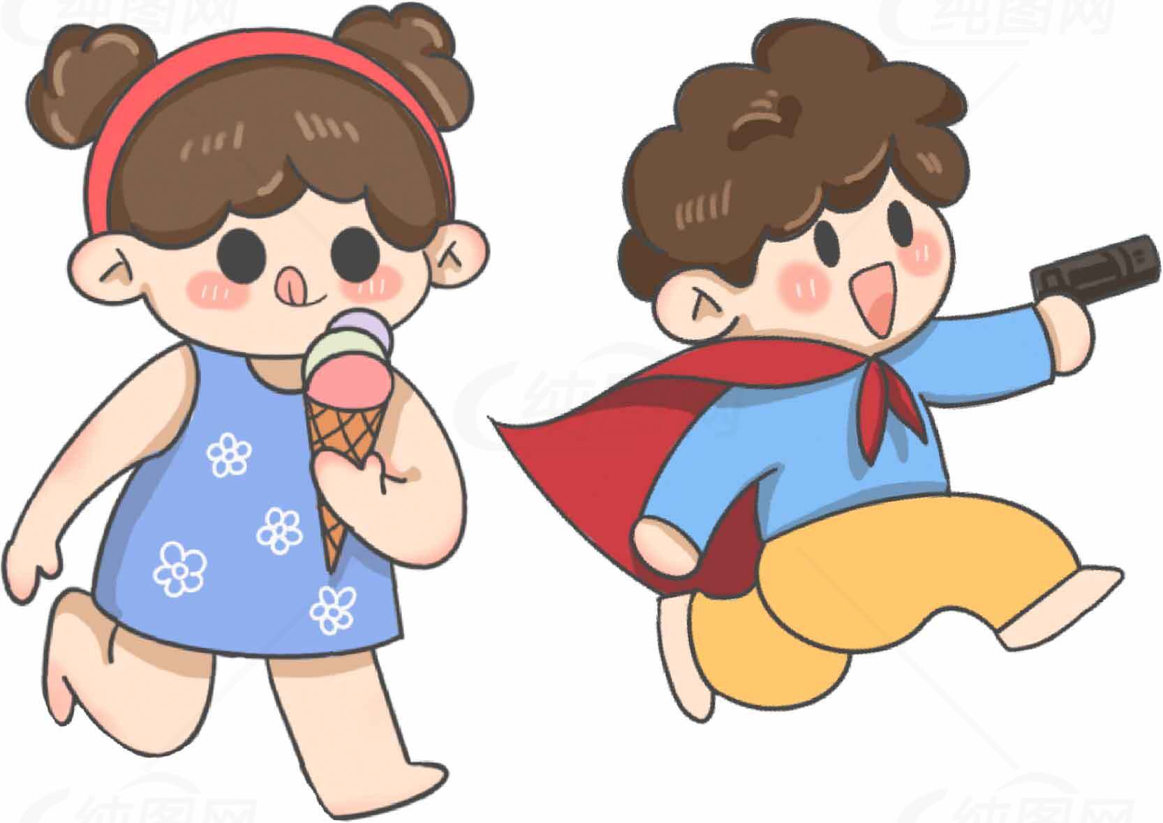 可爱卡通儿童插画：冰淇淋女孩与超级英雄男孩素材