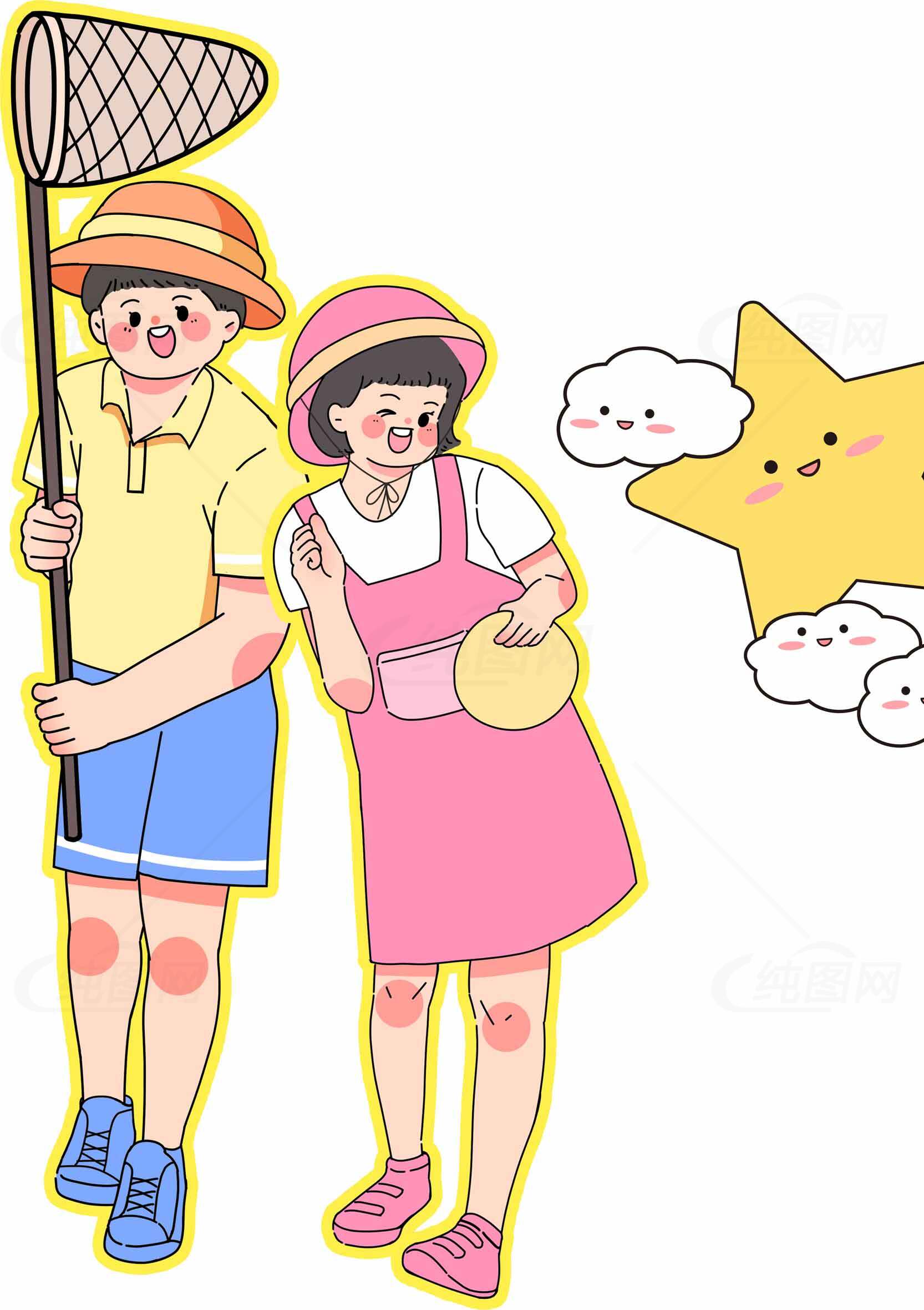 夏日儿童户外活动插画：捕捉星星的快乐时光素材