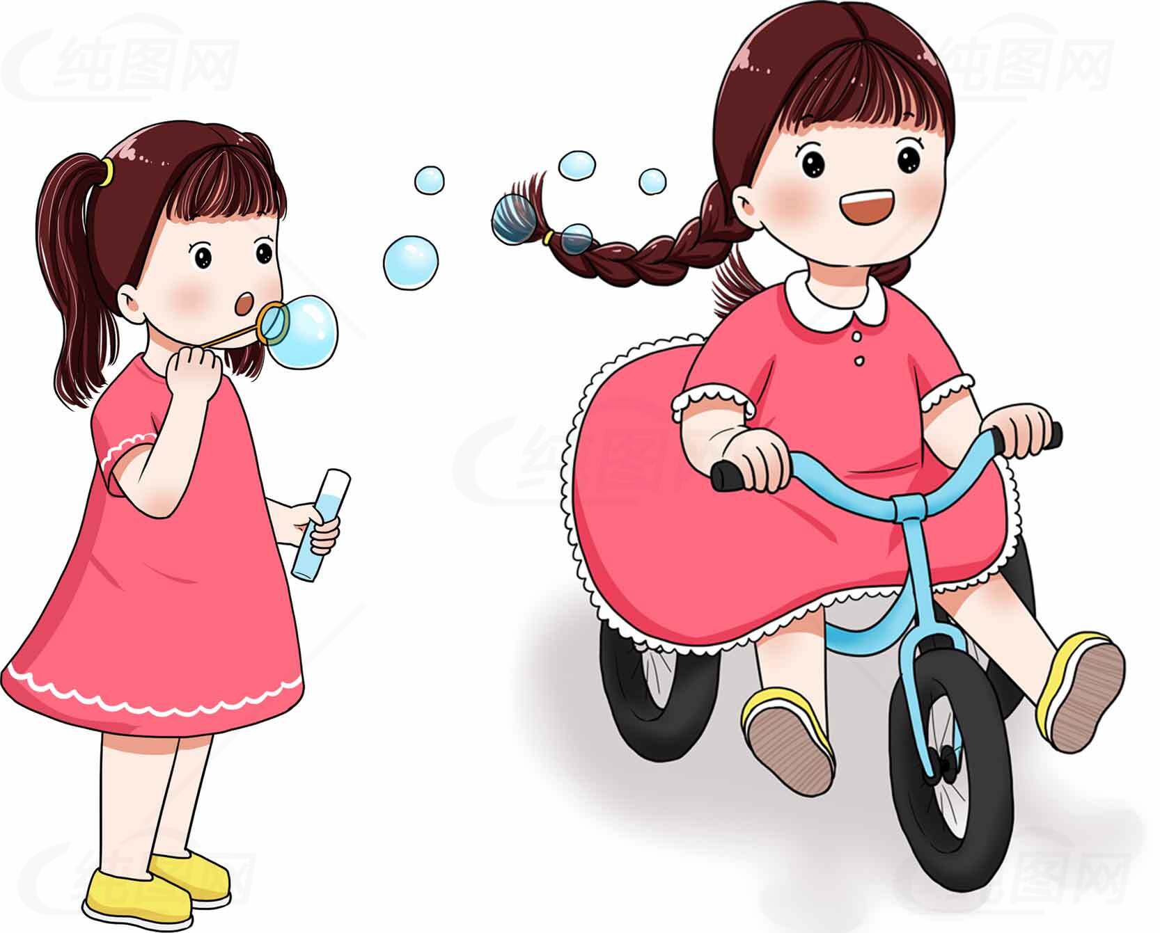 儿童玩耍插画：吹泡泡与骑三轮车的女孩素材
