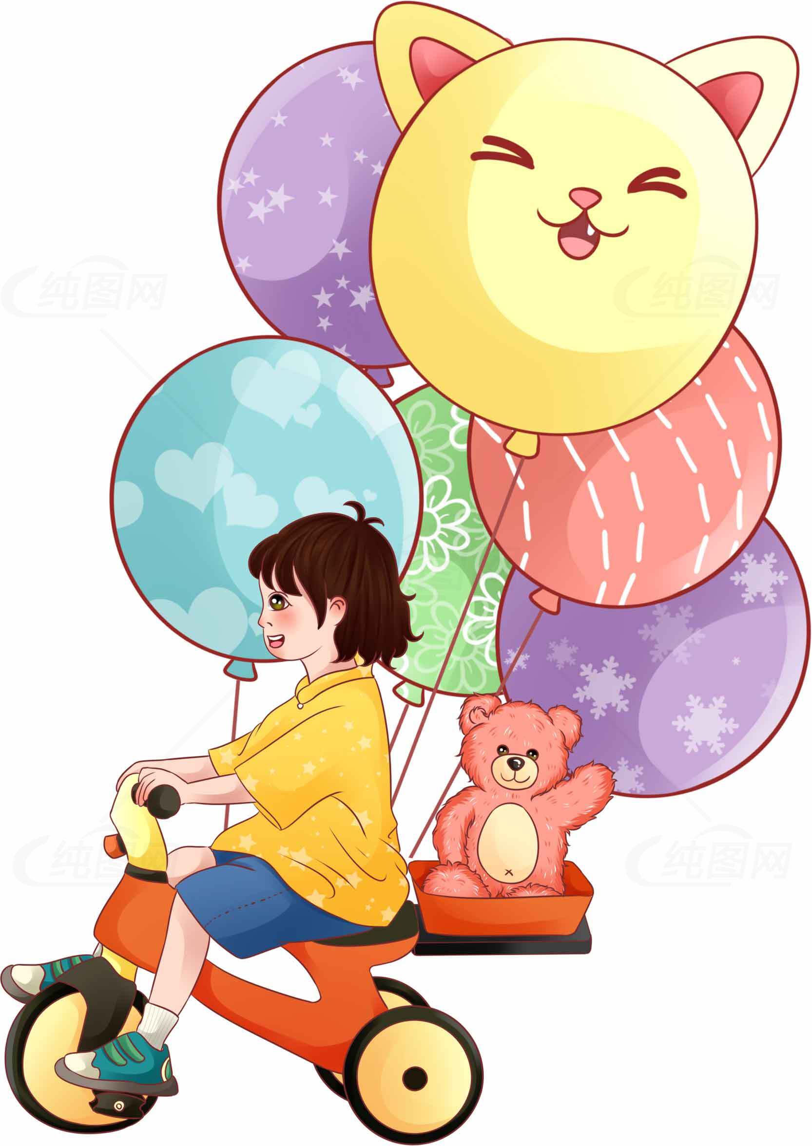 儿童骑车与卡通气球插画素材