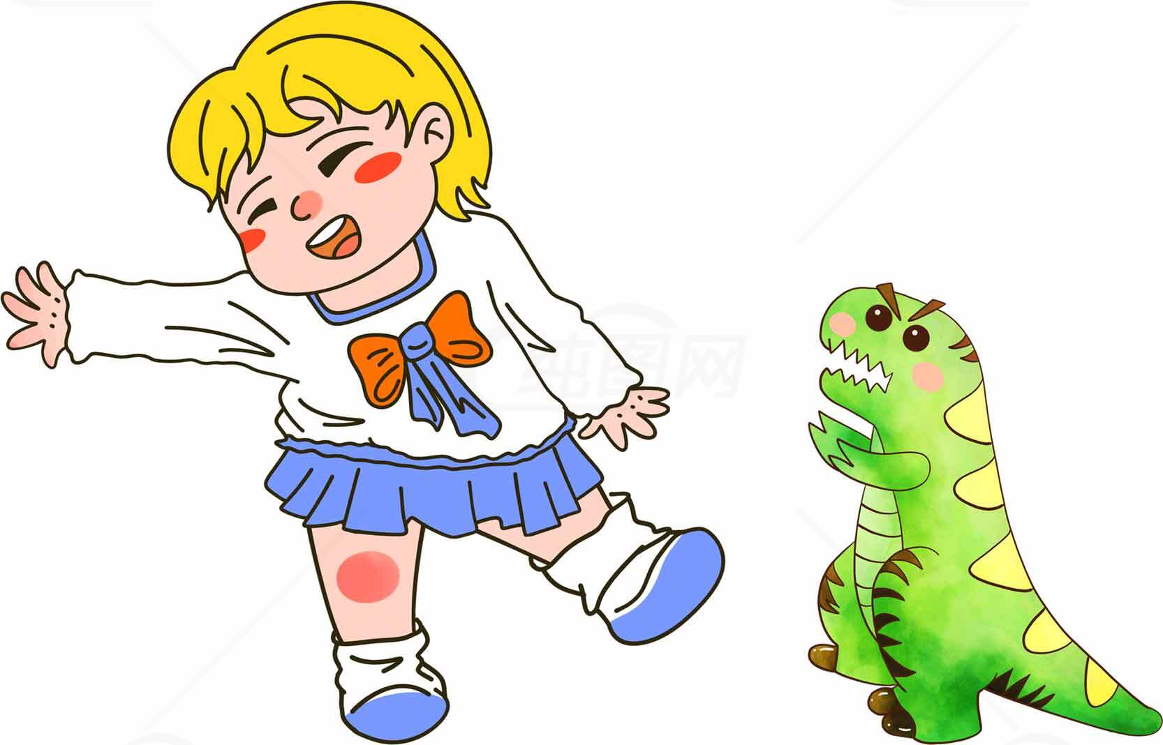 可爱儿童与绿色恐龙玩偶插画素材